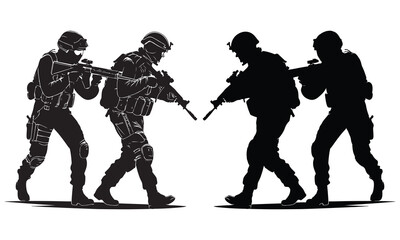Silhouette vector set of American soldier holding gun. On white background
