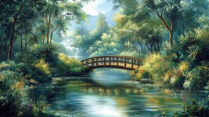 Serene Woodland Bridge and Waterfall: A Peaceful Landscape Painting