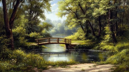 Serene Woodland Bridge: A Pastoral Landscape Painting