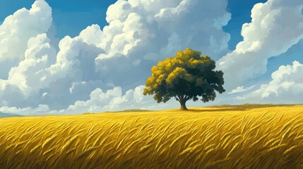 Golden Field Under a Summer Sky: A Lone Tree in a Vast Wheat Field