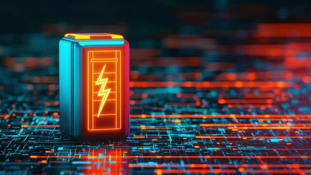 Futuristic Energy Storage Battery Icon Glowing on Circuit Board