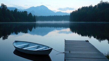 Serene Lake with Rowboat and Misty Mountain Reflections at Dawn