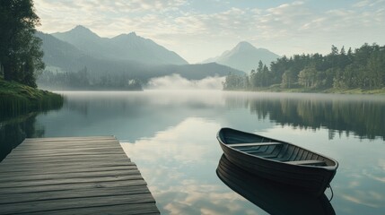 Serene Misty Mountain Lake with Rowboat at Dawn
