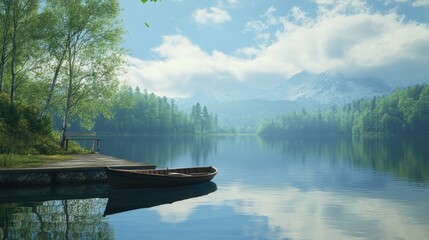 Serene Mountain Lake Serenity: A picturesque landscape of a tranquil lake reflecting a majestic mountain range under a bright summer sky.  A wooden boat rests peacefully at the lakeside.