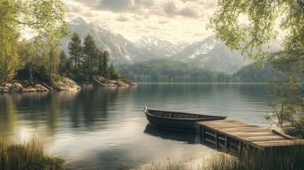 Serene Lakeside Escape: A Tranquil Boat at the Wooden Dock