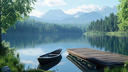 Serene Mountain Lake Escape: A Wooden Rowboat by a Tranquil Wooden Dock