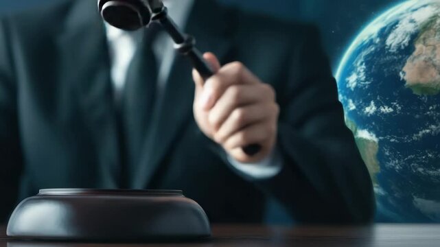 Global Justice Judge's Gavel and Earth A symbolic image representing international law and global legal decisions