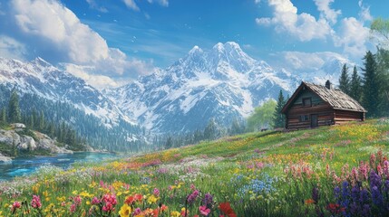Serene Mountain Cabin in a Spring Meadow