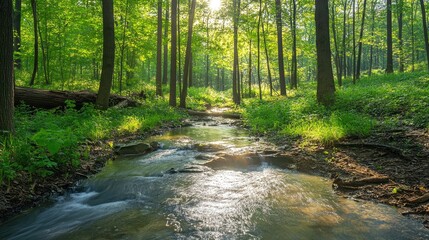 Serene Forest Stream: A Tranquil Morning in Nature's Embrace
