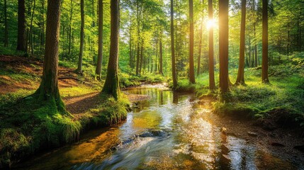Golden Hour in the Enchanted Forest: A Serene Stream Flows Through Lush Greenery, Bathed in Sunlight