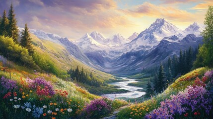 Serene Mountain Valley at Sunrise: A Breathtaking Landscape