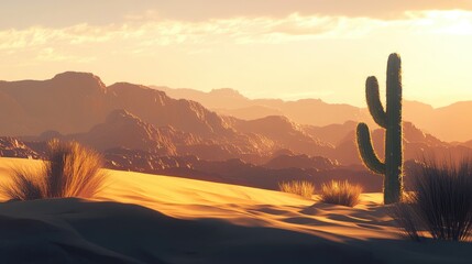 Golden Hour Desert Landscape: Majestic Cactus Silhouette at Sunset
