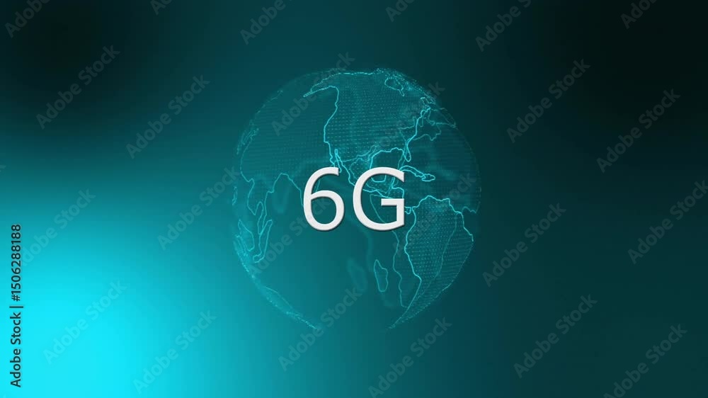 Poster faint 3d wireframe globe rising and fading in 6g label while rotating to show network evolution
