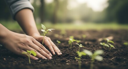Fototapeta premium Close up of hands planting young green seedling in rich soil outdoors