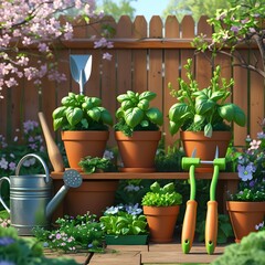 Potted spring flowers bloom in terracotta pots, adding nature's beauty to the home's balcony garden