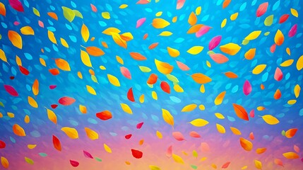 Colorful scattered leaves drifting in sunset breeze