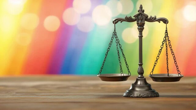 Ornate Metal Scales of Justice on Wooden Table Against Vibrant Rainbow