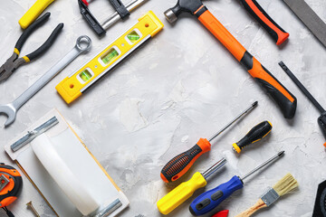 Frame made from different construction tools on white grunge background