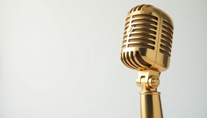 Close-up shot of a single gold microphone on white , rap, detail, white background