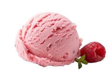 Raspberry ice cream scoop sits elegantly next to fresh raspberries and mint leaves on a clean surface