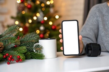 Blank smartphone mockup christmas tree and holiday decorations