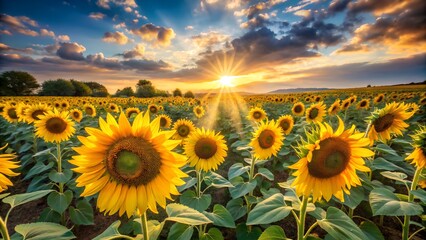Fototapeta premium Sunflowers stretch across a field, bathed in the warmth of the sun's rays.