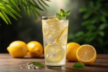 Fototapeta premium Lemonade drink with fresh lemons and mint on wooden table