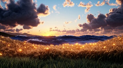 Golden Wheat Field Sunset Ocean