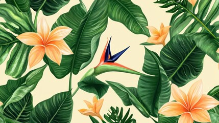 Tropical Flower Pattern with Plumeria, Bird of Paradise and Green Leaves