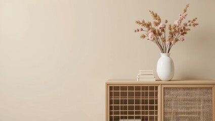 Elegant Decorative Arrangement of Flowers in a White Vase on Wooden Shelf Against Neutral Wall