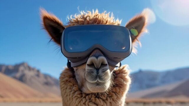 An Alpaca Tries Out a Virtual Reality Headset While Enjoying Sunny Day in Front of Some Distant Mountains.