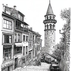 Obraz premium A Pen-and-Ink Sketch of a Charming Istanbul Street Scene