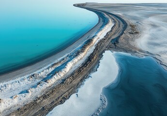 High-angle view of a turquoise lake's shoreline, transitioning to white salt flats and dark pools