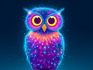 Obraz premium Glowing digital owl with bright cosmic fractals and neon particles