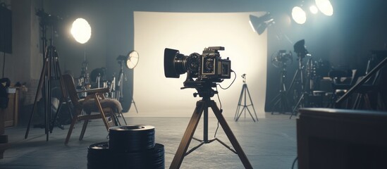 Vintage Film Studio Setup: Classic Camera on Tripod, Lights, and Film Reels