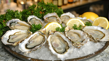 オイスターバーのイメージの氷とレモンと一緒に盛りつけた美味しそうな生牡蠣