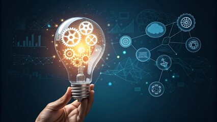 Hand holding glowing light bulb with technology and innovation icons
