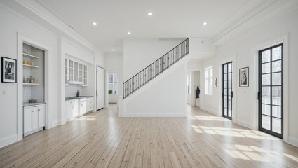 Obraz premium Spacious Modern Interior of a Bright Home with Open Layout and Elegant Staircase
