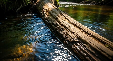 Close-up of textured fallen log floating on rippling water surface in forest stream