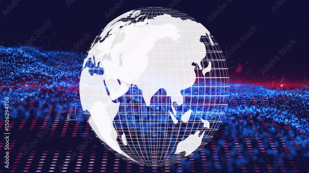 Poster globe appearing rotating, revealing map as particles sweeping and node lights pulsing for title