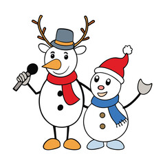 Cheerful snowman and reindeer characters sing joyfully while holding a speaker, spreading festive tunes and holiday cheer in a lively winter scene.
