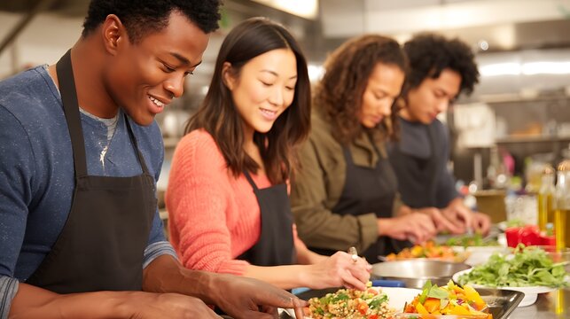 multi-ethnic friends learning to cook international dishes