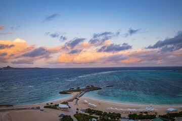  Panoramic View of Emerald Beach and Island at Sunset, Okinawa, Japan