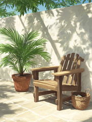 Obraz premium Tranquil Outdoor Oasis: A serene outdoor scene, featuring a wooden chair beside a lush potted plant and a woven basket under the shade of a sunny day.