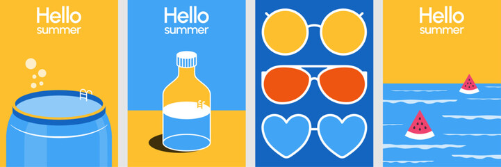 Bright and cheerful summer illustration with sunglasses, watermelon, and water bottle in minimalist pop style for seasonal design and greeting visuals. © FerouFYN