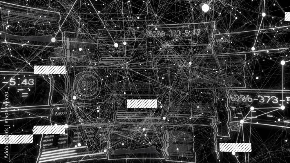 Poster on startup white network lattice emerging, displaying data and rotating mesh visualizing scan cycle