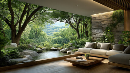 Harmonious Haven: An interior space seamlessly blending indoor and outdoor elements, with a natural aesthetic, offering a serene and tranquil ambiance.