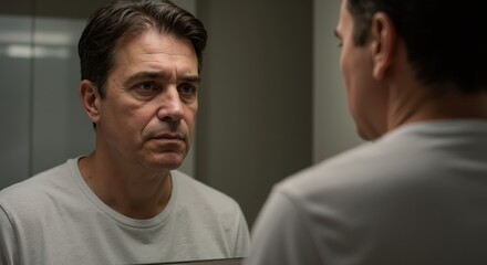 Man reflecting in mirror with serious expression in bathroom  