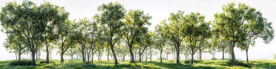 Lush green trees in serene landscape create peaceful atmosphere, inviting tranquility and connection with nature