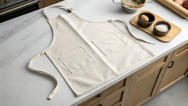 Plain Apron Laid Flat on Countertop Top-Down Shot
